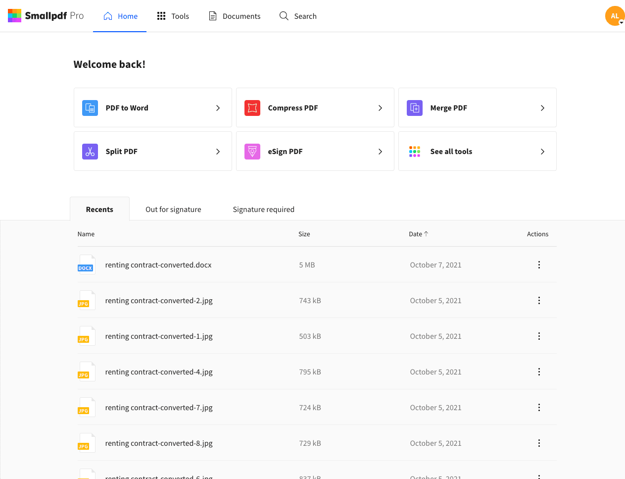 Preview screenshot of smallpdf dashboard